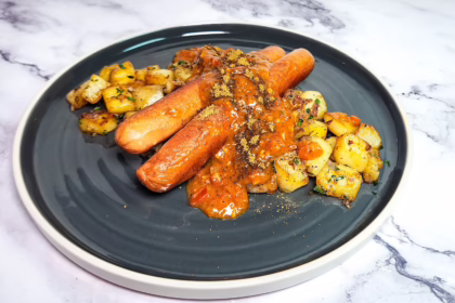 Currywurst recipe German street food on a plate with German fried potatoes Bratkartoffeln, sausages bratwurst, and curry spices in ketchup
