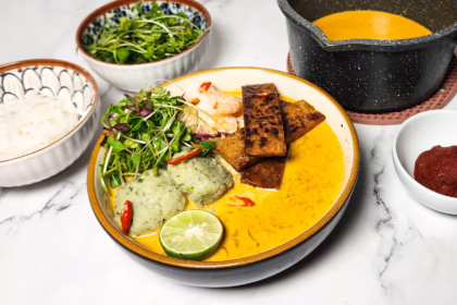 easy laksa recipe in a bowl with curry, tempeh, prawns, fish balls, bean sprouts, lime and noodles