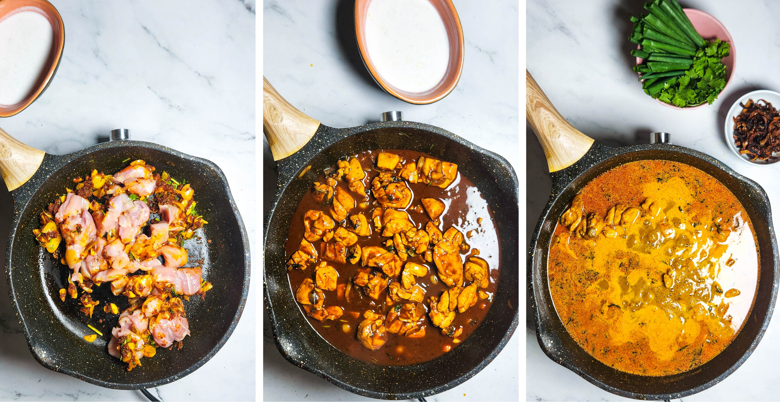 khow suey ingredients - step by step in pan, chicken, garlic and spices being fried, curry sauce and coconut milk
