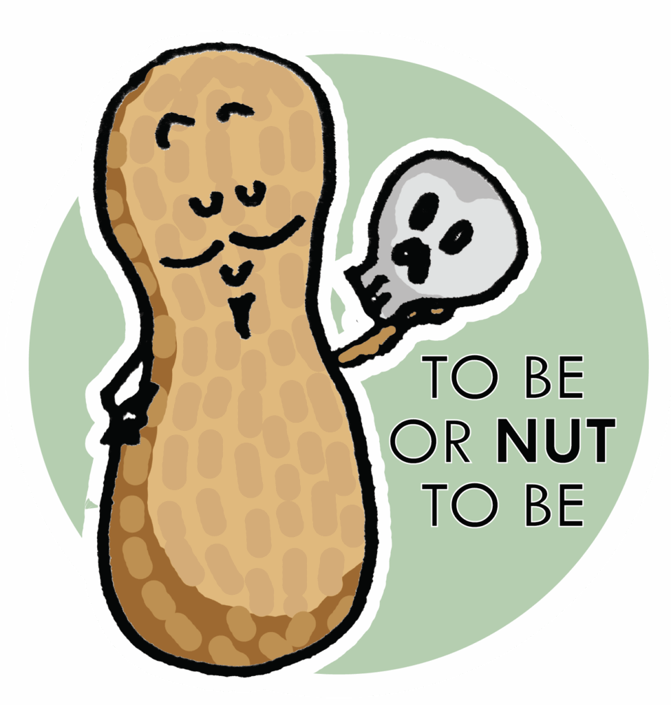 Food pun _ illustration of a Shakespearean peanut with caption - to be or NUT to be